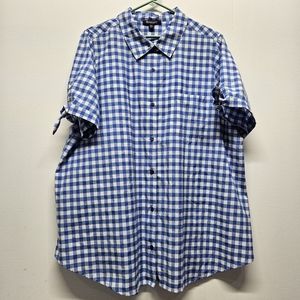 Roaman's Gingham Button Up Shirt Tie Sleeve Detail White Blue Plus 22W Classic